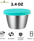 2.4 oz stainless steel dressing container with turquoise silicone lid. Six Pack Two Point Four Ounce Stainless Steel Dressing Containers.