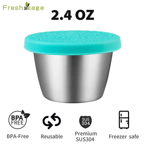 2.4 oz stainless steel dressing container with turquoise silicone lid. Six Pack Two Point Four Ounce Stainless Steel Dressing Containers.