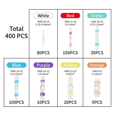 Amliber 400PCS solder-seal wire connector kit; color-coded by gauge (White, Red, Green, Blue, Purple, Yellow, Orange).