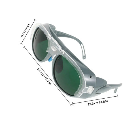Built Different Welding Safety Goggles With Top Shelf Impact Resistance And Dust Splash Proof Black Gray Lenses For Heavy Duty Shop Work and Everyday Welder Gear, side view showing measurements.