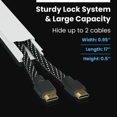 TV Cord Hider Kit 34 Inch White Peel And Stick Cable Concealer showing 17-inch cavity with two HDMI cables inside