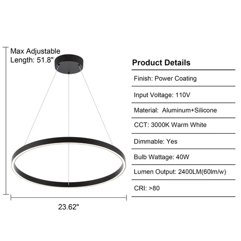 Modern LED Ring Chandelier With Uplight And Downlight, Black Dimmable Circular Pendant Light, dimensions and product details shown