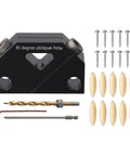 Top Tier 45 Degree Dowel Jig Wood Joinery Tool Aluminum Drill Guide For Furniture Crafts And Cabinet Assembly With Sweet Screwless Angled Hole Locator Kit For 9.5mm Bits And Rock Solid Joints with a black aluminum jig and accessories.