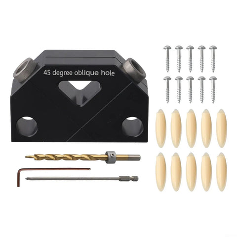Top Tier 45 Degree Dowel Jig Wood Joinery Tool Aluminum Drill Guide For Furniture Crafts And Cabinet Assembly With Sweet Screwless Angled Hole Locator Kit For 9.5mm Bits And Rock Solid Joints with a black aluminum jig and accessories.