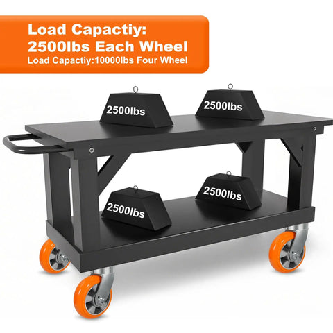 6X2 Inch Real Heavy Duty Casters Rolling Smooth As Butter On The Shop Floor, Kingpinless Crowned Polyurethane Tread With Solid Aluminum Core Wheel, Rust Proof Build Handles Massive 2500 Pound Loads Easy on a cart with weights.