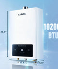 Indoor Tankless Water Heater Hands You Sweet On Demand Hot Water Powered By Pure Natural Gas with digital display and measurements.