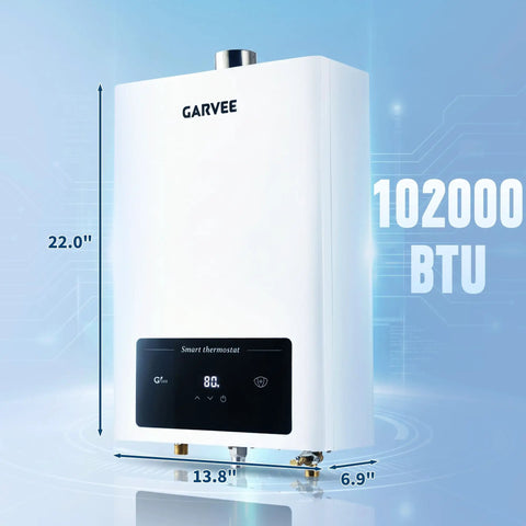 Indoor Tankless Water Heater Hands You Sweet On Demand Hot Water Powered By Pure Natural Gas with digital display and measurements.