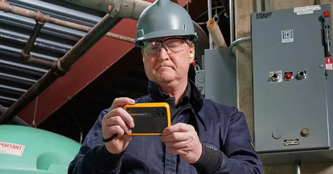 Technician using PTi120 Pocket Thermal Imager for quick infrared inspections and temperature scans on electrical panel.