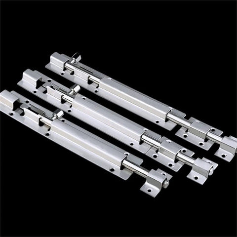 Darn Tough Stainless Steel Sliding Bolt Door Latch With Smooth Automatic Return Action Adjusts Easy For Indoor Outdoor Barn Gate Cupboard Top Shelf Security Hardware three stainless steel latches laid out on black background