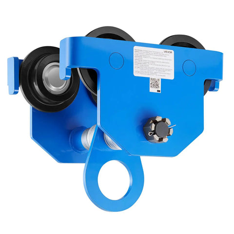 Heavy-Duty Manual Trolley For I-Beams, 3 Ton Load Capacity, Dual-Wheel Runner in blue with adjustable flange
