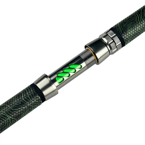 Close-up of Beast Catfish Rod, 7 Ft, Medium Heavy, One Piece, showing green glow in the dark night fishing detail