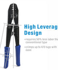 Beefy Heavy Duty Battery Cable Lug Crimp Tool For Eight AWG To One Zero AWG End Terminals With Fixed Hex Die Sets showcased with blue handles