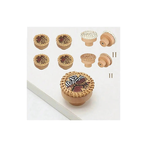 Rattan Wood Cabinet Knob Set Handmade Wicker Round Drawer Pulls With Screws Wardrobe Dresser Handles, natural wood, rattan