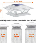 Lit 4 Pack Solar Post Cap Lights For 4x4 5x5 6x6 Posts displayed on different post sizes with dimensions shown
