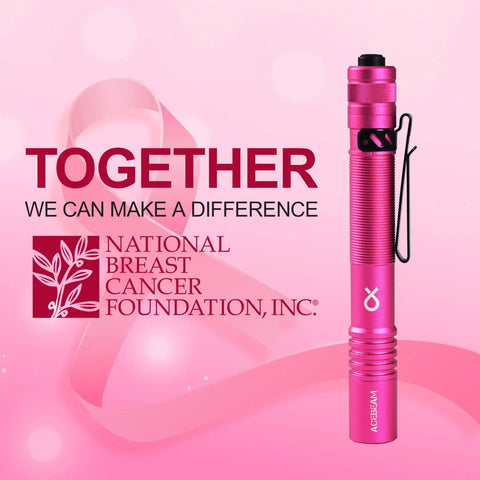Pink Pokelit 2AA EDC Flashlight 600 Lumens Tiny But Mighty Pocket Size LED Torch with ribbon for breast cancer awareness