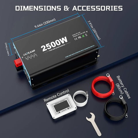 Beefy 2500W Pure Sine Wave Inverter With Transfer Switch For RVs And Trucks 12V DC To 120V AC Converter and included accessories