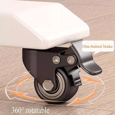 Close-up of Cool Electric Lift Over Bed Table With Wheels providing one-button brake on a 360° rotatable wheel, ideal for mobility.