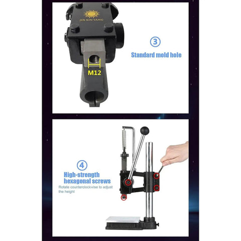 Kickass Hella Tough Industrial Grade Manual Arbor Press with Accurate Scale Plate, featuring standard mold hole and adjustable height.