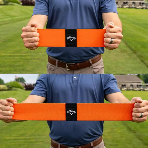 Man demonstrating Orange Golf Swing Trainer Aid For One Piece Takeaway And In Sync Swing Keeps Arms And Body Connected.