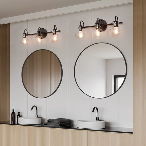 Three Light Modern Black Vanity Light For Bathroom With Farmhouse Clear Glass Shades And Open Bottom Sleek Bath Fixture Installation