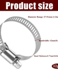 12 Pack Adjustable Stainless Steel Hose Clamps 27 To 51mm Worm Gear For Auto Repair Plumbing Fuel Lines And Mechanical Projects 1 To 2 Inch Clamp Set Kit, showing product size and dimensions.