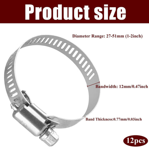 12 Pack Adjustable Stainless Steel Hose Clamps 27 To 51mm Worm Gear For Auto Repair Plumbing Fuel Lines And Mechanical Projects 1 To 2 Inch Clamp Set Kit, showing product size and dimensions.