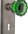 New York Plate Privacy Door Knob Set With Emerald Crystal Glass Knobs In Antique Pewter Finish, Dual Sided With Keyhole, Solid Brass Plates