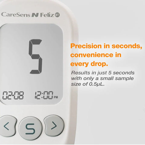 Feliz Blood Glucose Monitoring Kit displaying quick 5-second results on meter screen for at home diabetes testing.