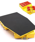 Heavy Duty Trailer Mover Dolly With One Eighty Degree Pivot And Comfort Grip Handle Paired With Quiet Polyurethane Rollers. Yellow platform with silent rollers.