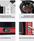 Instructions for using the Automatic Bean Grinding Espresso Machine With Glass Carafe, Compact Red Coffee Maker For Home Or Office Use, 800W Power.