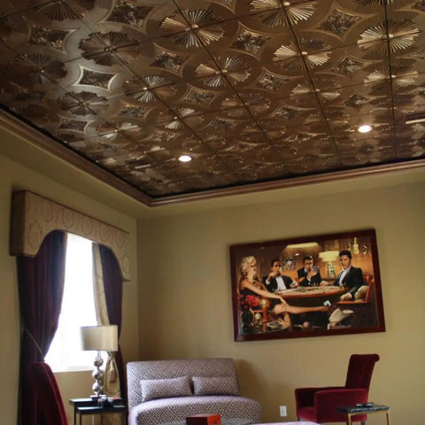 PVC Ceiling Tile 2x2 Lay-In Or Glue-Up With Antique Copper Finish in a living room setting, lightweight and easy DIY install.