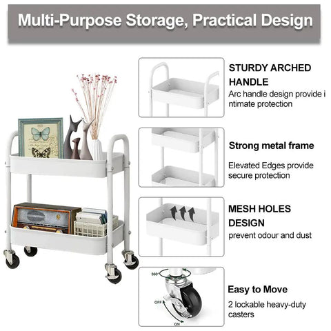 Durable 2 Tier Metal Rolling Cart With Handle And Locking Wheels White Go-To Kitchen Bathroom Laundry Office Storage Organizer On Wheels Great For Small Spaces And Heavy Loads