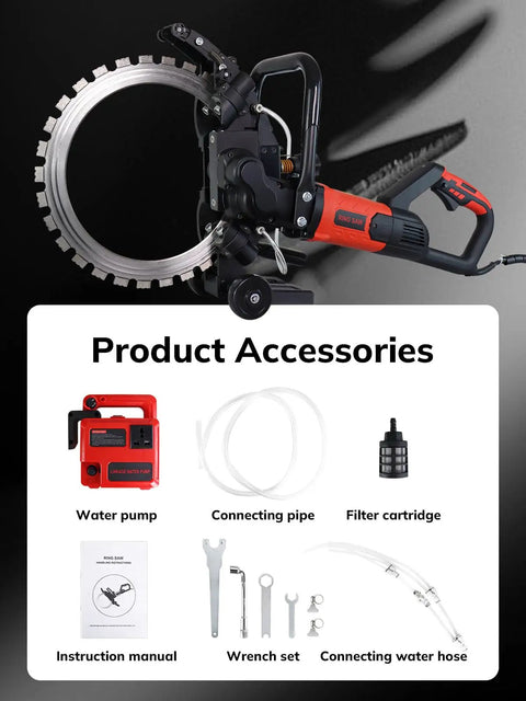 16-Inch Toroidal Electric Concrete Ring Saw 5500W Dry Wet Cutting With Water Pump Max Depth 11.8 Inch with accessories displayed including water pump and pipes.