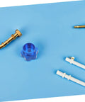Blue Alloy Valve Stem Knob With 6mm Hole Replacement For Outdoor Water Spigot Handwheel Handle Hose Bib Outside Spigot Stem And Faucet Valve Actuator No Leak Upgrade on blue background with parts