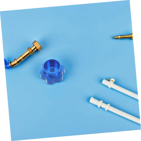 Blue Alloy Valve Stem Knob With 6mm Hole Replacement For Outdoor Water Spigot Handwheel Handle Hose Bib Outside Spigot Stem And Faucet Valve Actuator No Leak Upgrade on blue background with parts