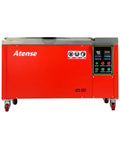 Prograde 32 Gallon Industrial Ultrasonic Cleaner With Digital Heater Timer, red stainless steel, front view with control panel.