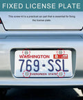 Fixed license plate secured with Heavy Duty Stainless Steel License Plate Screws And Security Fasteners For Cars Trucks And Suvs Rustproof Tag Mounting Kit.