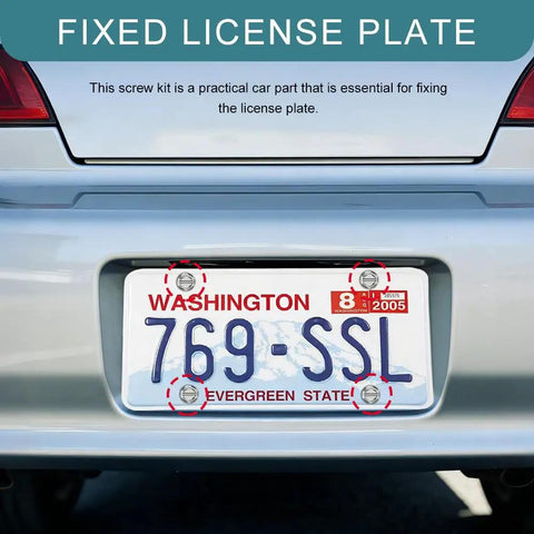 Fixed license plate secured with Heavy Duty Stainless Steel License Plate Screws And Security Fasteners For Cars Trucks And Suvs Rustproof Tag Mounting Kit.