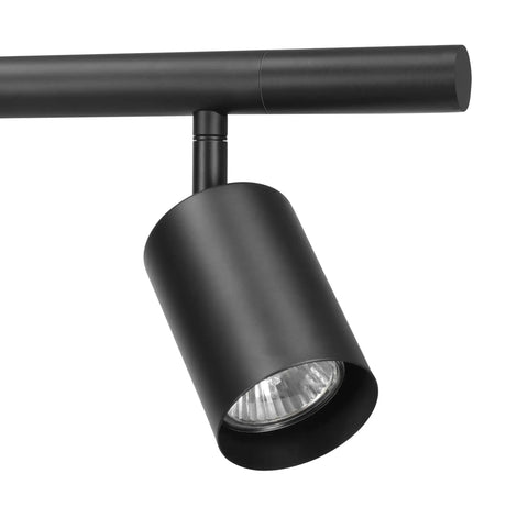 Close-up of Globe Electric 64000123 55" 6-Light Adjustable Height Track Light, Matte Black, pivoting head, GU10 Base not included.