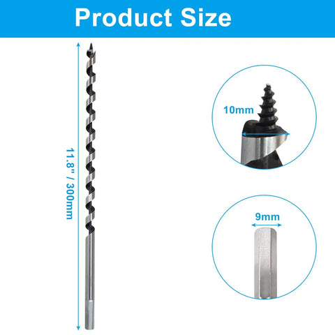 Heavy Duty Workhorse 3/8 Inch Wood Auger Drill Bit With 12 Inch Long Hex Shank For Hardwood, showing dimensions and details.