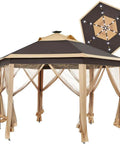 Easy Pop Up 13x13 Patio Gazebo Tent With All Around Mesh Sides And 25 Solar LED Lights Hexagonal Double Vent for garden in khaki and brown