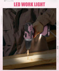 Person using 20V Max Cordless Drill Kit with Battery and Charger, Two Speeds, Pink, drilling into wood for DIY projects.