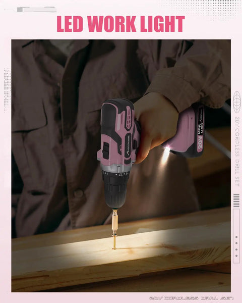 Person using 20V Max Cordless Drill Kit with Battery and Charger, Two Speeds, Pink, drilling into wood for DIY projects.