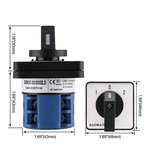 Front and side view of Rotary Cam Changeover Switch 20A With 8 Terminals Three Positions Two Pole Two Phase Latching Function AC 660V