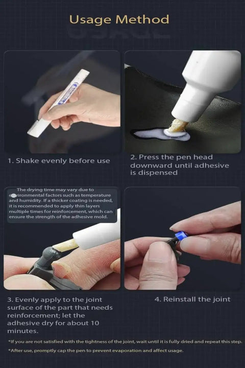 Usage guide for Action Figure Joint Reinforcement Glue Pen For Model Kits Toy Repair Adhesive showing shaking and applying adhesive.