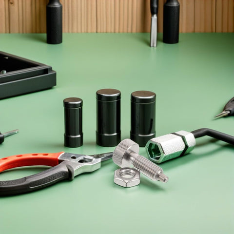 Hella Durable M10 Spring Plunger With Knurled Handle Dead Nuts Secure Self Locking Release Pin For Precision Mold Setup And Robotic Joints Rock Solid Quick Action Design on green work surface with pliers and accessories.