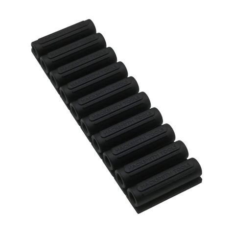 Heavy Duty Drill And Impact Driver Bit Holder With Silicone Bandolier And 3M Adhesive Universal Pro Grade Quick Change Bit Organizer For Fast Access 10 Slot Drill Accessories, shown from above, on a white background.