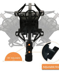 Pro Condenser Mic Shock Mount For 43mm To 47mm Mics with 180° adjustable vibration suspension clip and adjustable knob.