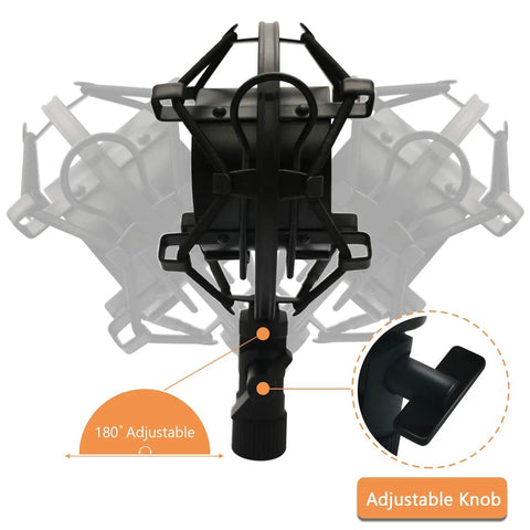 Pro Condenser Mic Shock Mount For 43mm To 47mm Mics with 180° adjustable vibration suspension clip and adjustable knob.