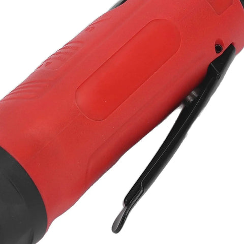 Heavy Duty Pneumatic Die Grinder With Built In Muffler For Dead Quiet 18k Rpm Action Zinc Alloy Body And Comfort Grip close-up of red cushioned grip